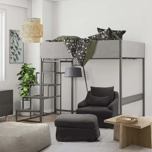 Hoogslaper met lattenbodem + trap van grijze stof, metaal met grijze epoxy afwerking en grijze melamine – groot bed 140×190 cm – DOCKLAND Hoogslaper met lattenbodem + trap van grijze stof, metaal met grijze epoxy afwerking en grijze melamine – groot bed 140×190 cm – DOCKLAND