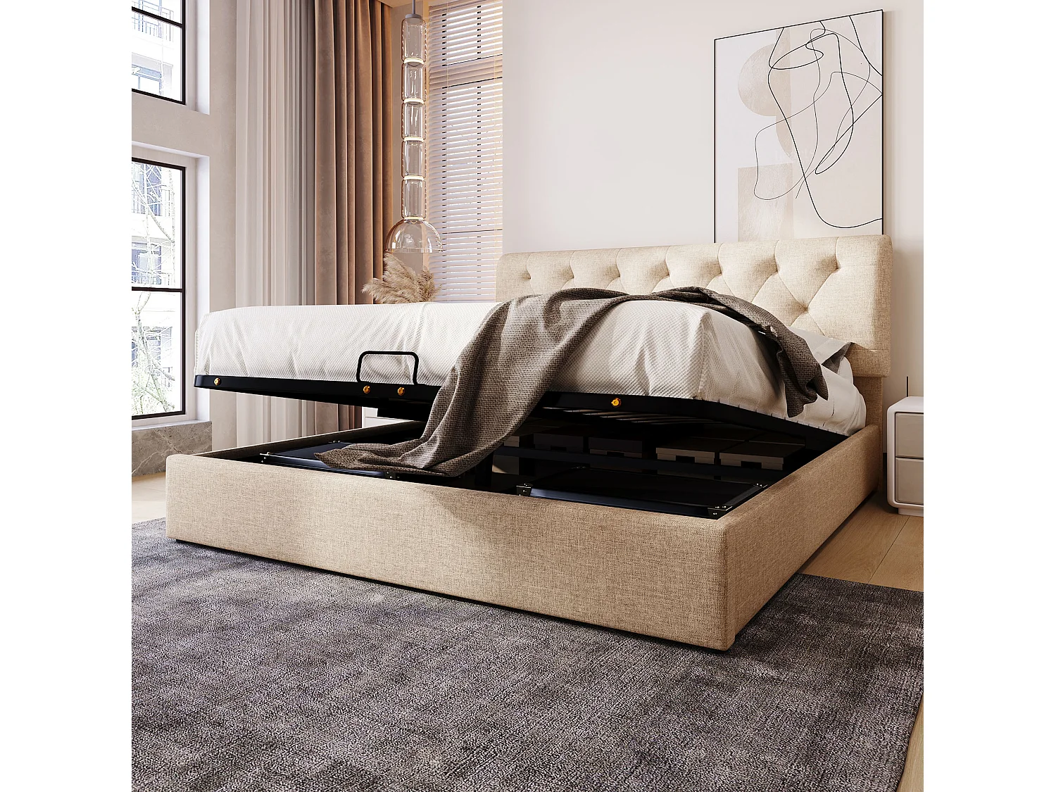 Hydraulisch bed 140x200 cm met verstelbare hoofdbord, metalen frame en opbergruimte