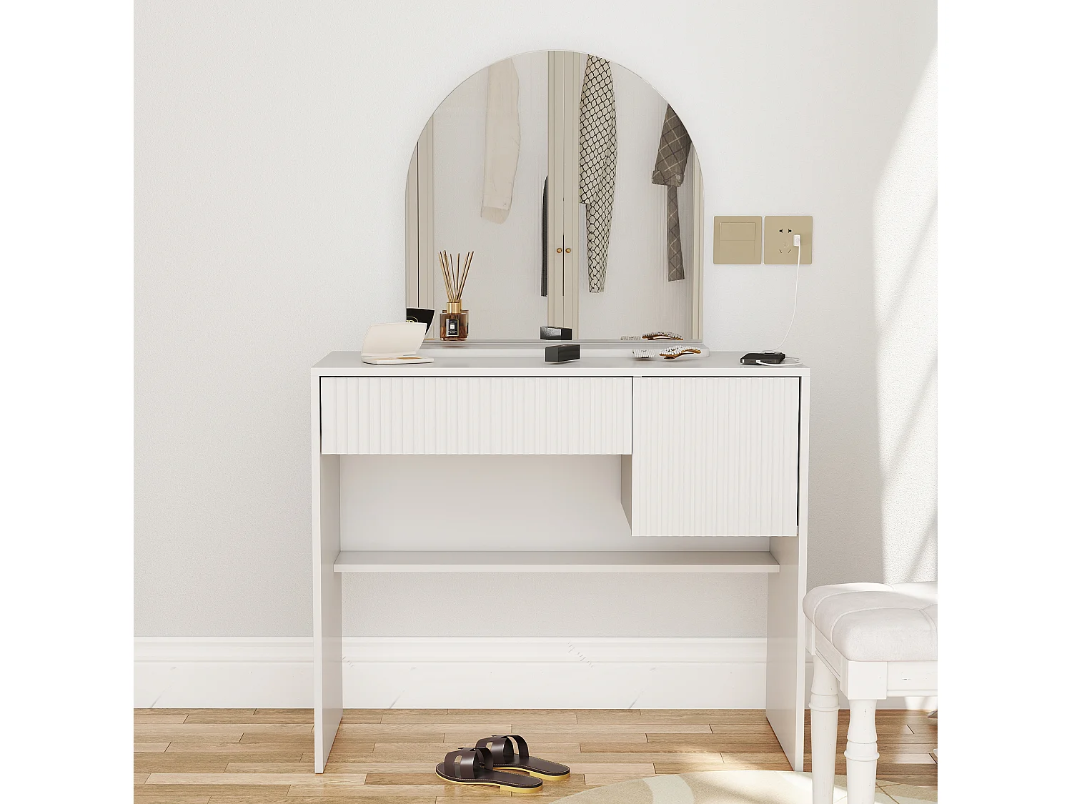 Kaptafel met spiegel en 2 lades, wit