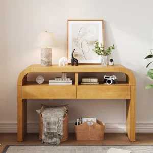 Houten consoletafel, 120 x 35,5 x 76,5 cm, met 2 lades en 2 planken. Houten consoletafel, 120 x 35,5 x 76,5 cm, met 2 lades en 2 planken.