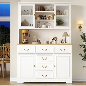 Hoog keukenbuffet met stopcontacten, ledverlichting en opbergruimte, wit Hoog keukenbuffet met stopcontacten, ledverlichting en opbergruimte, wit