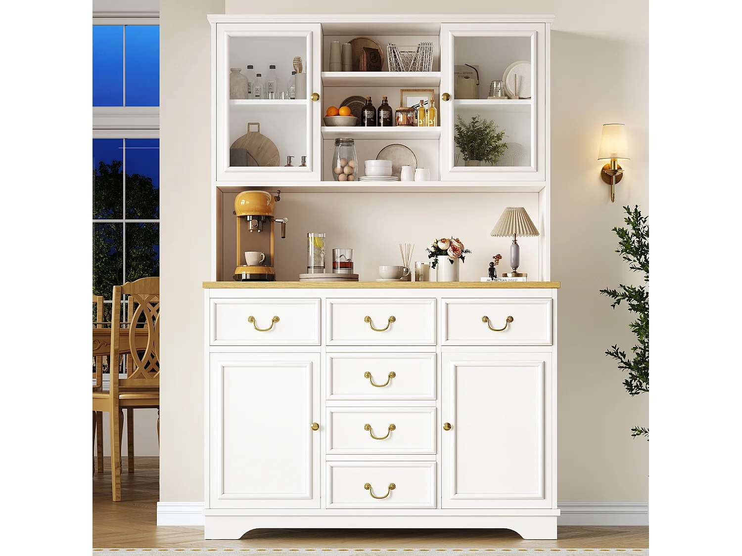 Hoog keukenbuffet met stopcontacten, ledverlichting en opbergruimte, wit