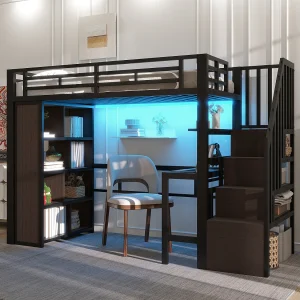 Hoogslaper van 90 x 200 cm met bureau, opbergvak en ledverlichting – Metaal en hout – Zwart Hoogslaper van 90 x 200 cm met bureau, opbergvak en ledverlichting – Metaal en hout – Zwart