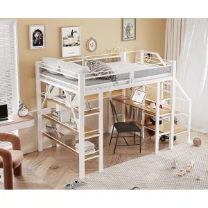 Hoogslaper van 140×200 cm met bureau, ledverlichting en USB-poort – Wit metaal Hoogslaper van 140×200 cm met bureau, ledverlichting en USB-poort – Wit metaal