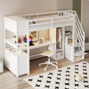 Hoogslaper 90 x 200 cm met kledingkast, bureau en stopcontacten – Gemaakt van MDF en wit grenenhout