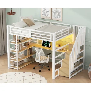Hoogslaper van 140×200 cm met bureau, USB-poort en opbergruimte – Wit metaal Hoogslaper van 140×200 cm met bureau, USB-poort en opbergruimte – Wit metaal