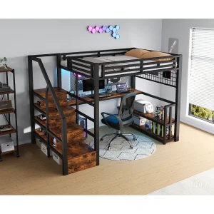 Hoogslaper 140 x 200 cm met plank, ledverlichting en bureau, 2 USB-poorten – Metaal + hout – Zwart