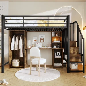 Hoogslaper 90 x 200 cm met opbergruimte, kledingkast en bureau – IJzeren frame – Zwart en donker hout Hoogslaper 90 x 200 cm met opbergruimte, kledingkast en bureau – IJzeren frame – Zwart en donker hout