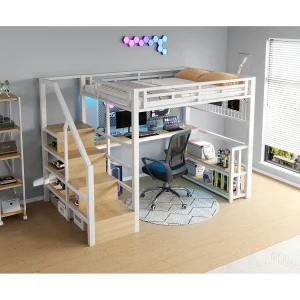 Hoogslaper 140 x 200 cm met plank, ledverlichting en bureau, 2 USB-poorten – Metaal + hout – Wit