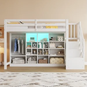 Hoogslaper 90 x 200 cm met meerdere opbergvakken en kledingkast, LED-verlichting – Wit Hoogslaper 90 x 200 cm met meerdere opbergvakken en kledingkast, LED-verlichting – Wit