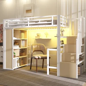 Hoogslaper 90 x 200 cm met bureau, opbergvak en ledverlichting – Metaal en hout – Wit Hoogslaper 90 x 200 cm met bureau, opbergvak en ledverlichting – Metaal en hout – Wit
