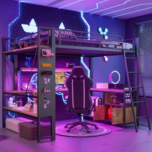 Hoogslaper voor volwassenen 140×200 cm, zwart metaal, met bureau, planken, ledverlichting en USB-aansluiting. Hoogslaper voor volwassenen 140×200 cm, zwart metaal, met bureau, planken, ledverlichting en USB-aansluiting.