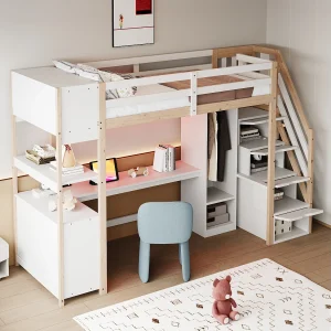 Hoogslaper 90 x 200 cm met kledingkast, bureau en stopcontacten – Hout en wit