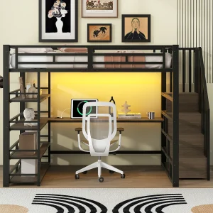Hoogslaper van 140×200 cm met bureau, USB-poort en opbergruimte – Zwart metaal Hoogslaper van 140×200 cm met bureau, USB-poort en opbergruimte – Zwart metaal