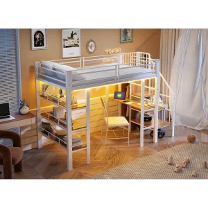 Hoogslaper van 90×200 cm met bureau, ledverlichting en USB-poort – Wit metaal en MDF-hout Hoogslaper van 90×200 cm met bureau, ledverlichting en USB-poort – Wit metaal en MDF-hout
