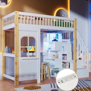 Hoogslaper van 90 x 200 cm met ledverlichting, open opbergruimte, bureau en stopcontact – Wit en naturelkleur Hoogslaper van 90 x 200 cm met ledverlichting, open opbergruimte, bureau en stopcontact – Wit en naturelkleur