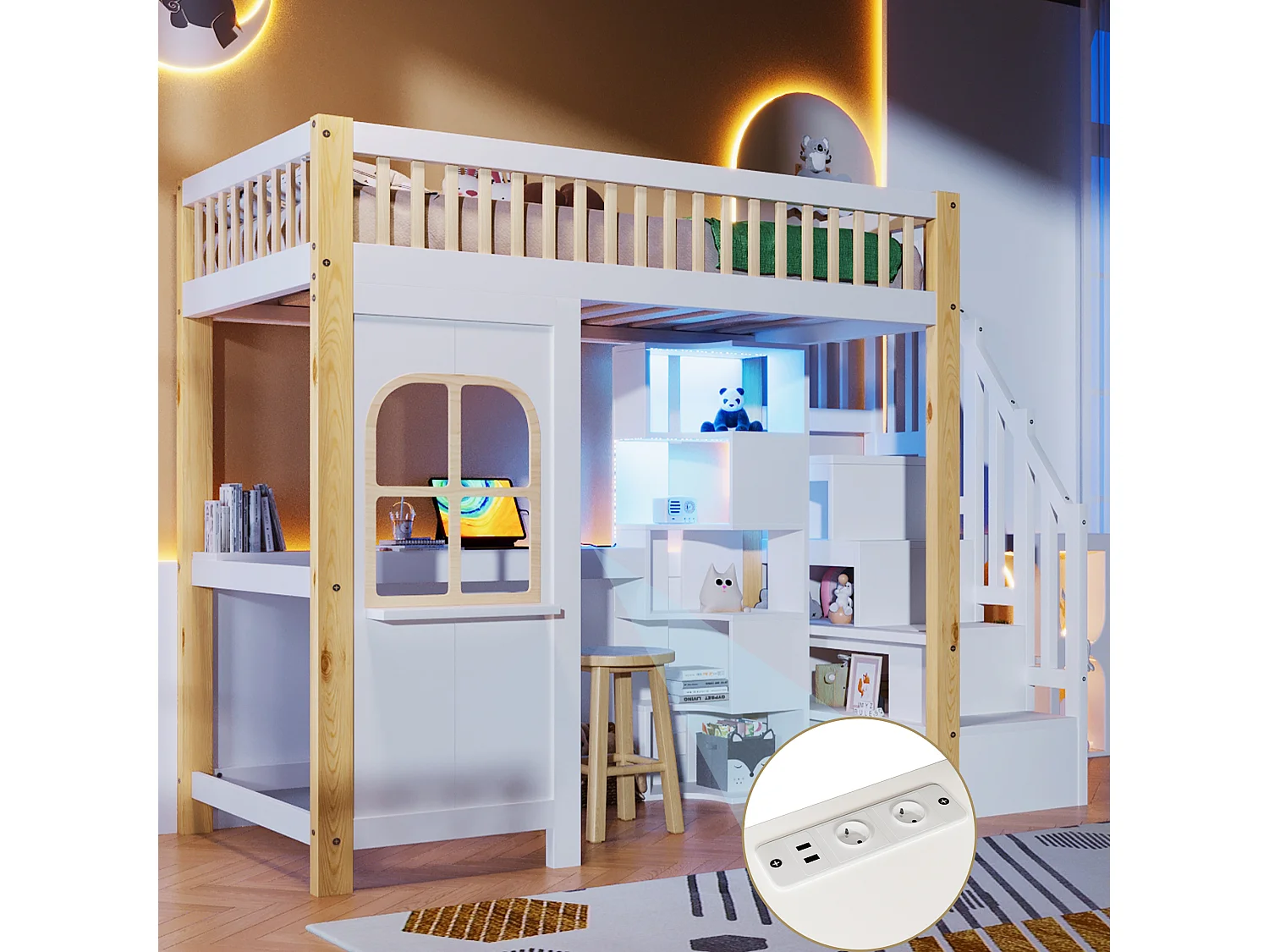 Hoogslaper van 90 x 200 cm met ledverlichting, open opbergruimte, bureau en stopcontact - Wit en naturelkleur