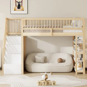 Hoogslaper 90 x 200 cm met veiligheidsrail, kledingkast en planken – Hout en witte afwerking Hoogslaper 90 x 200 cm met veiligheidsrail, kledingkast en planken – Hout en witte afwerking