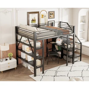 Hoogslaper van 140×200 cm met bureau, ledverlichting en USB-poort – Zwart metaal Hoogslaper van 140×200 cm met bureau, ledverlichting en USB-poort – Zwart metaal