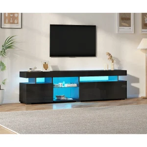 Hoogglans gelakte tv-standaard – 180 x 35 x 45 cm – met 3 deuren + planken van gehard glas – voor tv's tot 80 inch – spaanplaat – zwart Hoogglans gelakte tv-standaard – 180 x 35 x 45 cm – met 3 deuren + planken van gehard glas – voor tv's tot 80 inch – spaanplaat – zwart