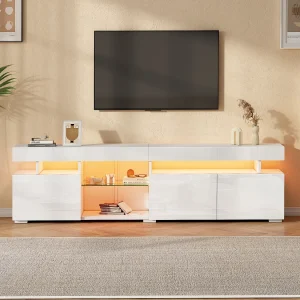 Hoogglans gelakte tv-standaard – 180 x 35 x 45 cm – met 3 deuren + planken van gehard glas – voor tv's tot 80 inch – spaanplaat – wit Hoogglans gelakte tv-standaard – 180 x 35 x 45 cm – met 3 deuren + planken van gehard glas – voor tv's tot 80 inch – spaanplaat – wit