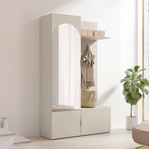 Kapstok met spiegel en opbergruimte – Beige en goud – JAVERIA Kapstok met spiegel en opbergruimte – Beige en goud – JAVERIA