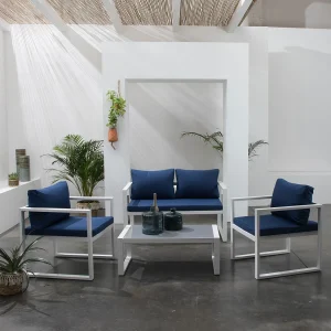 IBIZA tuinset in blauwe stof 4 zitplaatsen – wit aluminium IBIZA tuinset in blauwe stof 4 zitplaatsen – wit aluminium