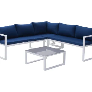IBIZA modulaire tuinset in blauwe stof 4 zitplaatsen – wit aluminium IBIZA modulaire tuinset in blauwe stof 4 zitplaatsen – wit aluminium