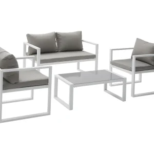 IBIZA tuinset in grijze stof 4 zitplaatsen – wit aluminium IBIZA tuinset in grijze stof 4 zitplaatsen – wit aluminium