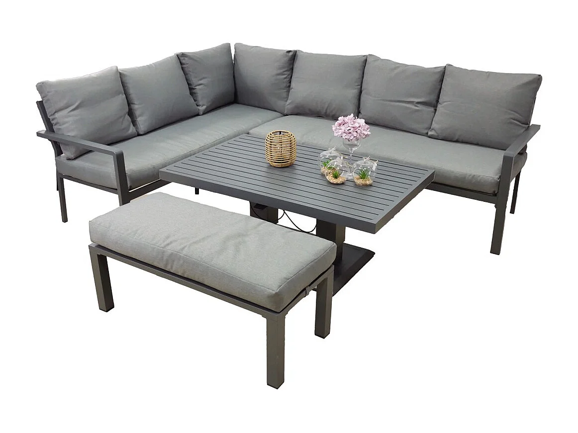 Hoekloungeset 7 zitplaatsen aluminium grijs met verstelbare tafel en poef – FERONA