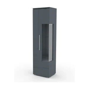 Hoge design vitrinekast met verlichting uit de BOMBAY collectie. Glanzend grijze kleur. Linker opening. Hoge design vitrinekast met verlichting uit de BOMBAY collectie. Glanzend grijze kleur. Linker opening.