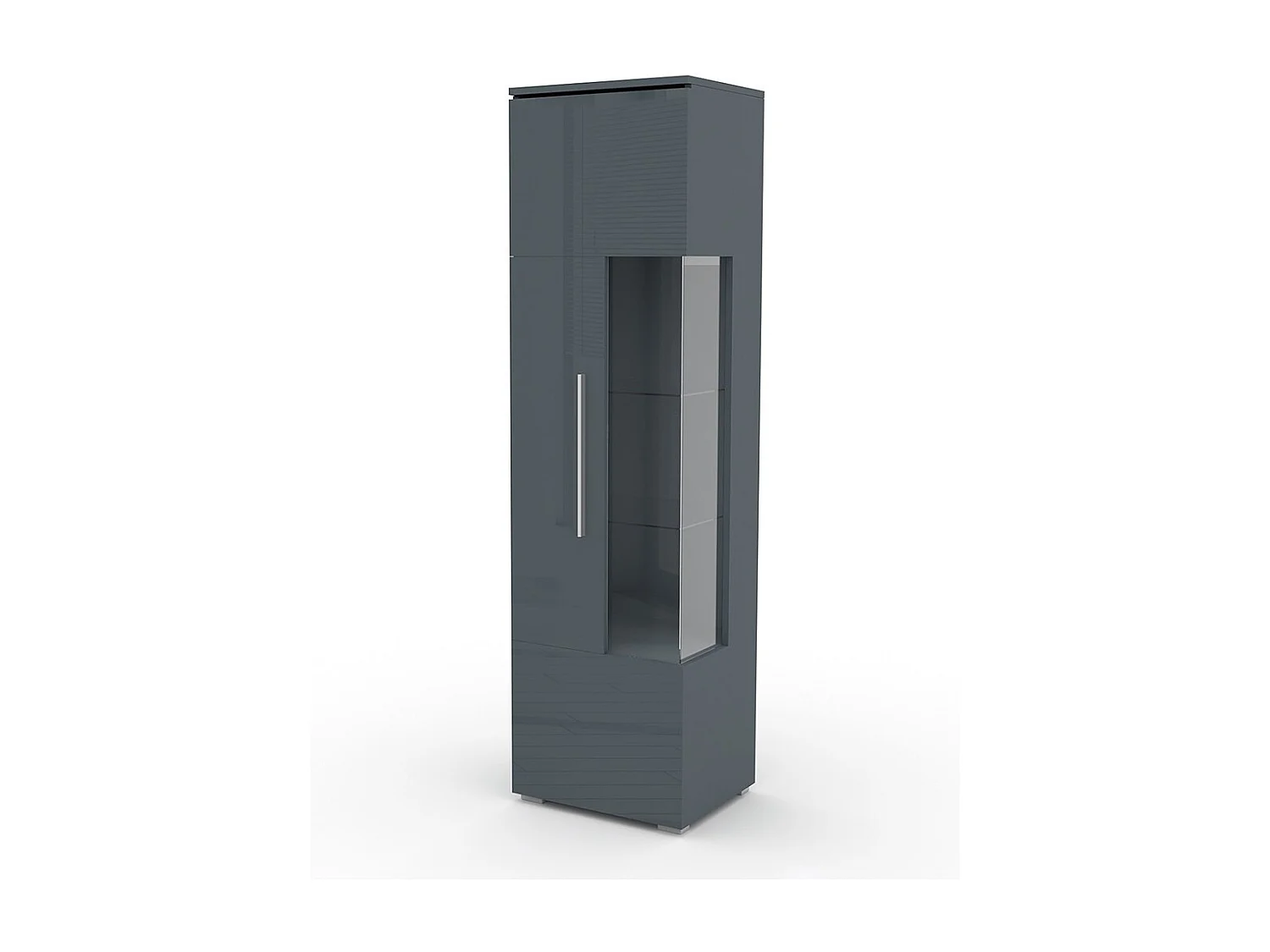Hoge design vitrinekast met verlichting uit de BOMBAY collectie. Glanzend grijze kleur. Linker opening.
