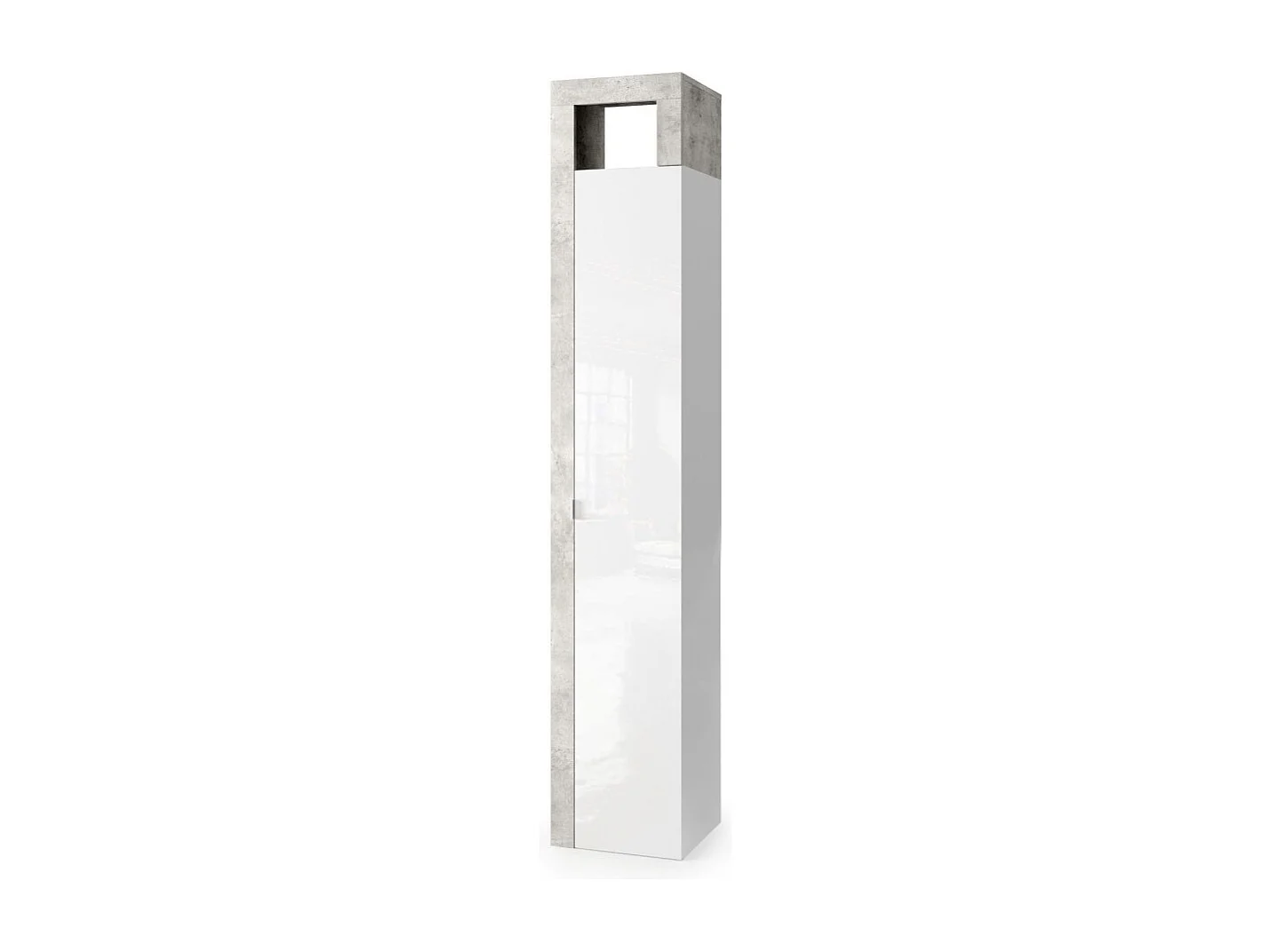 Kast met 1 deur en 5 planken, collectie BURA. Kleur: glanzend wit gelakt en grijs betonlook