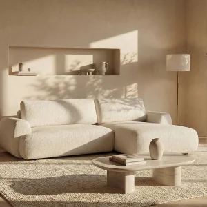 Hoekslaapbank met hoek rechts van beige stof met textuur MONELIA