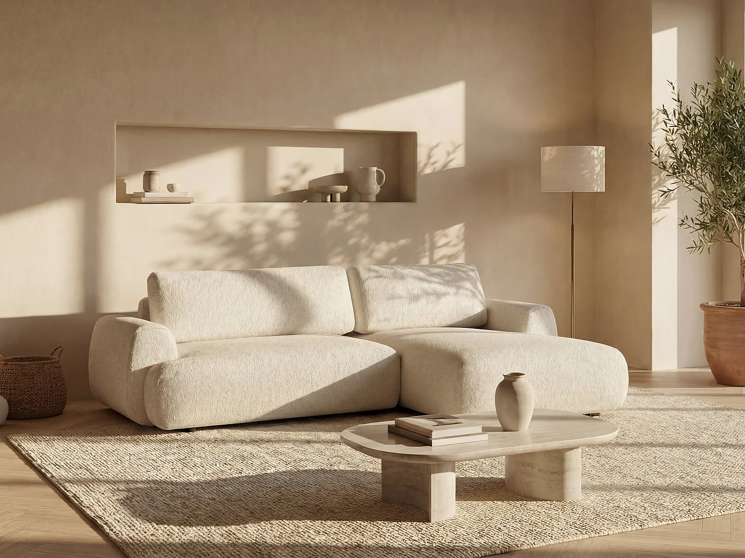 Hoekslaapbank met hoek rechts van beige stof met textuur MONELIA