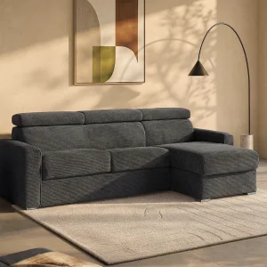 Hoekslaapbank omkeerbaar en uitklapbaar in antracietgrijze corduroy met lattenbodem van 160 cm VIZIR Hoekslaapbank omkeerbaar en uitklapbaar in antracietgrijze corduroy met lattenbodem van 160 cm VIZIR