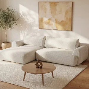 Hoekslaapbank met hoek links van beige stof met textuur MONELIA