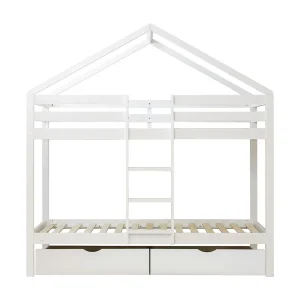 Huisvormig stapelbed + 2 lades van wit hout 90×190/90x190cm Huisvormig stapelbed + 2 lades van wit hout 90×190/90x190cm