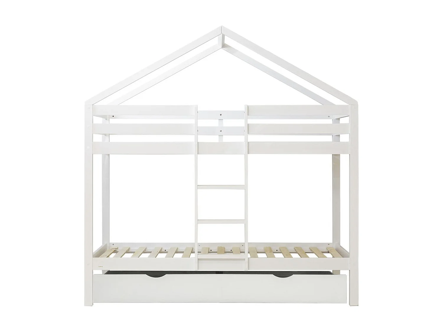 Huisvormig stapelbed + uitschuifbed van wit hout 90x190/90x190cm