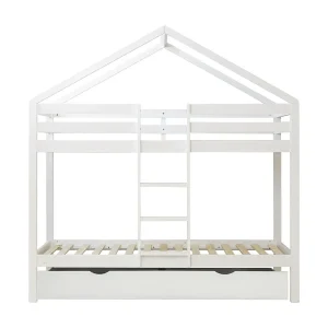 Huisvormig stapelbed + opberglade van wit hout 90×190/90x190cm Huisvormig stapelbed + opberglade van wit hout 90×190/90x190cm