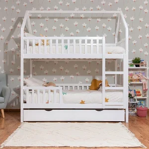 Huisjesstapelbed + onderschuifbed hout wit 90×190/90x190cm