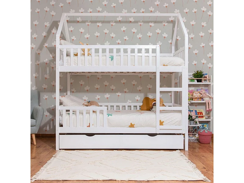 Huisjesstapelbed + onderschuifbed hout wit 90x190/90x190cm