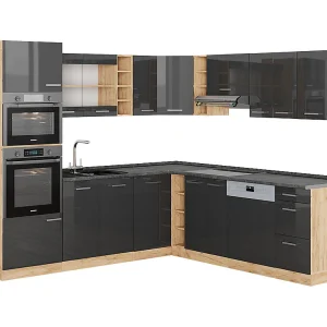 Hoekkeuken antraciet hoogglans/goud eiken 247x60x81.6 r-line Hoekkeuken antraciet hoogglans/goud eiken 247x60x81.6 r-line