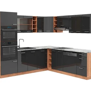 Hoekkeuken antraciet hoogglans/goud eiken 247x60x81.6 r-line Hoekkeuken antraciet hoogglans/goud eiken 247x60x81.6 r-line