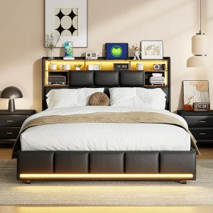 Hydraulisch opbergbed LED 160×200 cm zwart PU-leer met USB-poorten en lattenbodem Hydraulisch opbergbed LED 160×200 cm zwart PU-leer met USB-poorten en lattenbodem