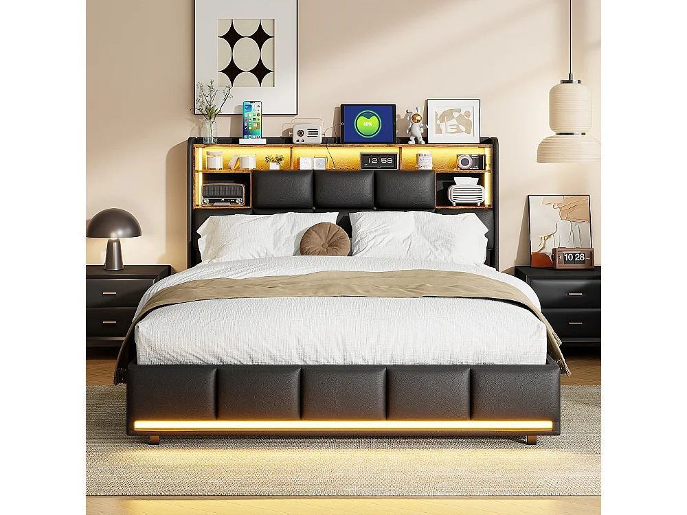 Hydraulisch opbergbed LED 160x200 cm zwart PU-leer met USB-poorten en lattenbodem