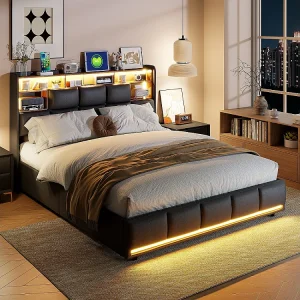 Hydraulisch opbergbed LED 140×200 cm zwart PU-leer met USB-poorten en lattenbodem Hydraulisch opbergbed LED 140×200 cm zwart PU-leer met USB-poorten en lattenbodem