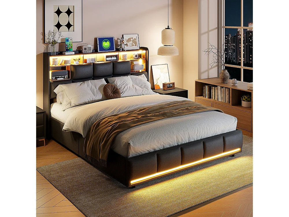 Hydraulisch opbergbed LED 140x200 cm zwart PU-leer met USB-poorten en lattenbodem