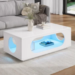 Hoogglans gelakte salontafel 100 x 50 x 35 cm – met LED-verlichting – opengewerkt design – MDF – wit Hoogglans gelakte salontafel 100 x 50 x 35 cm – met LED-verlichting – opengewerkt design – MDF – wit