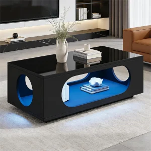 Hoogglans gelakte salontafel 100 x 50 x 35 cm – met LED-verlichting – opengewerkt design – MDF – zwart Hoogglans gelakte salontafel 100 x 50 x 35 cm – met LED-verlichting – opengewerkt design – MDF – zwart